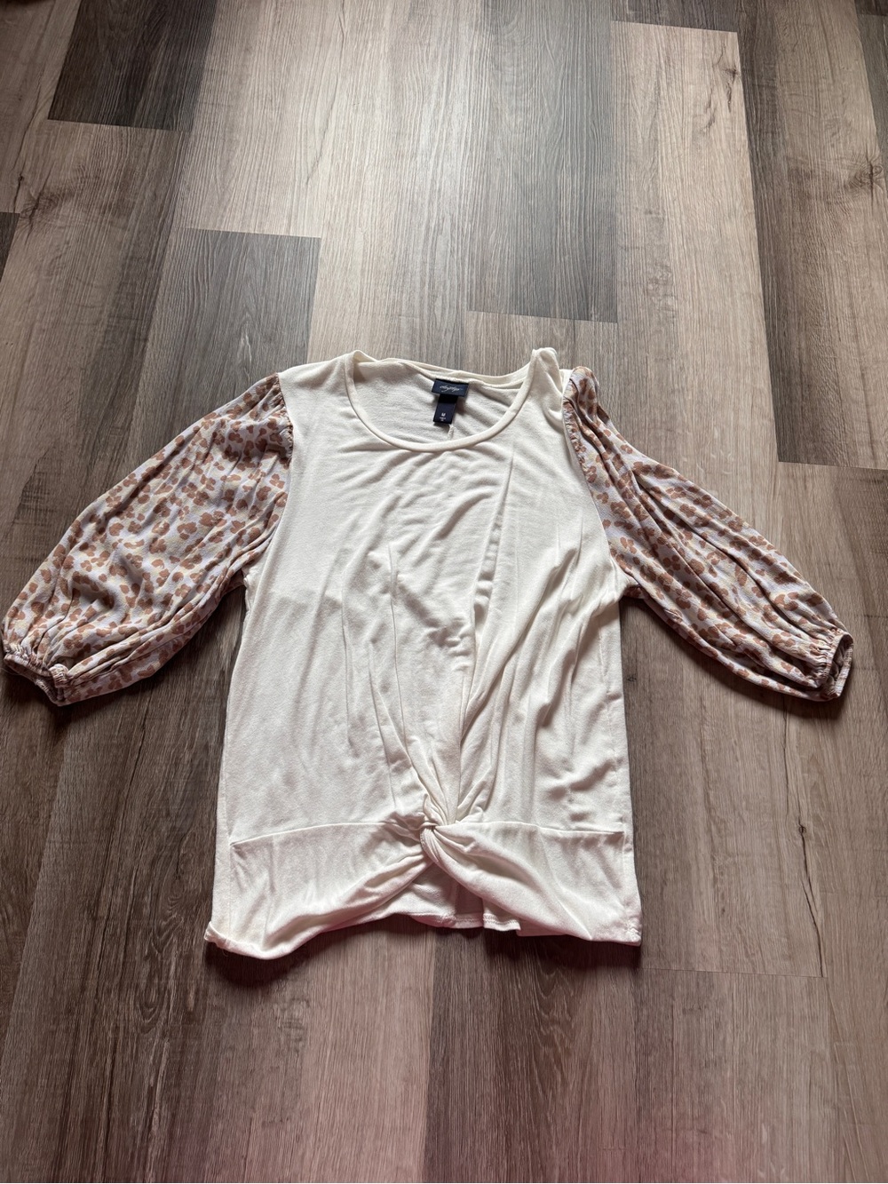 Daytrip Cream Twist-Front Top with Leopard Puff Sleeves